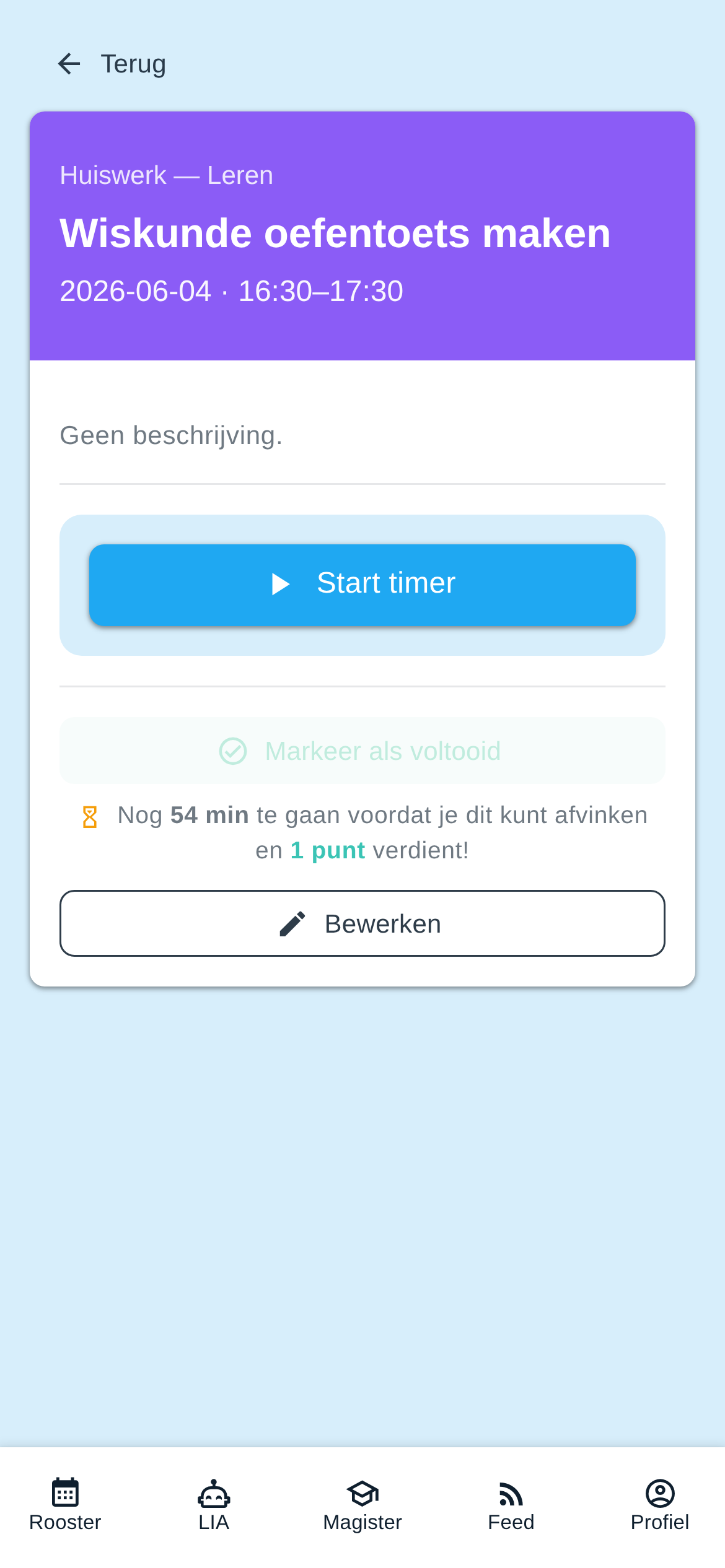 Een huiswerk-event in LockIn met de focus-timer en de knop Start timer