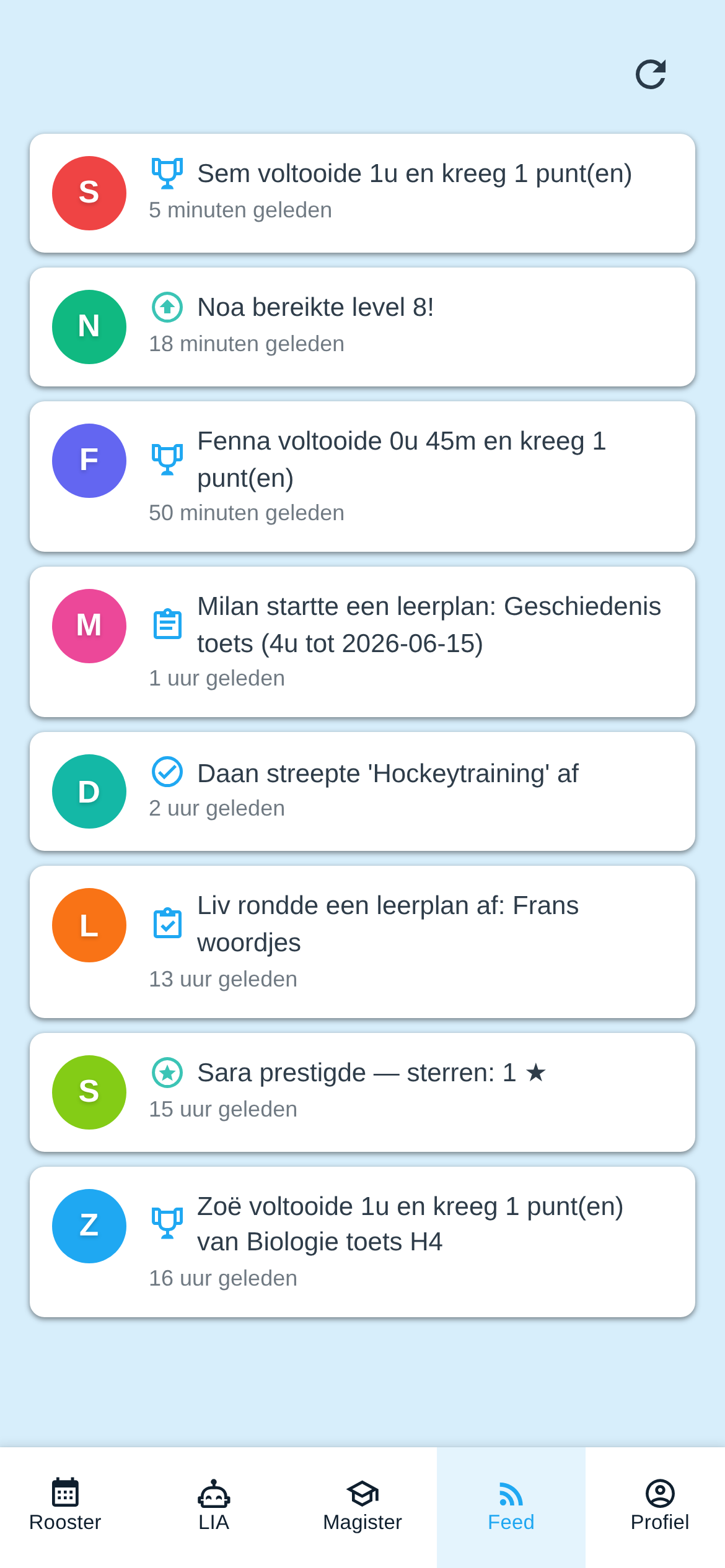 De activiteitenfeed van LockIn met voltooide sessies en level-ups van klasgenoten