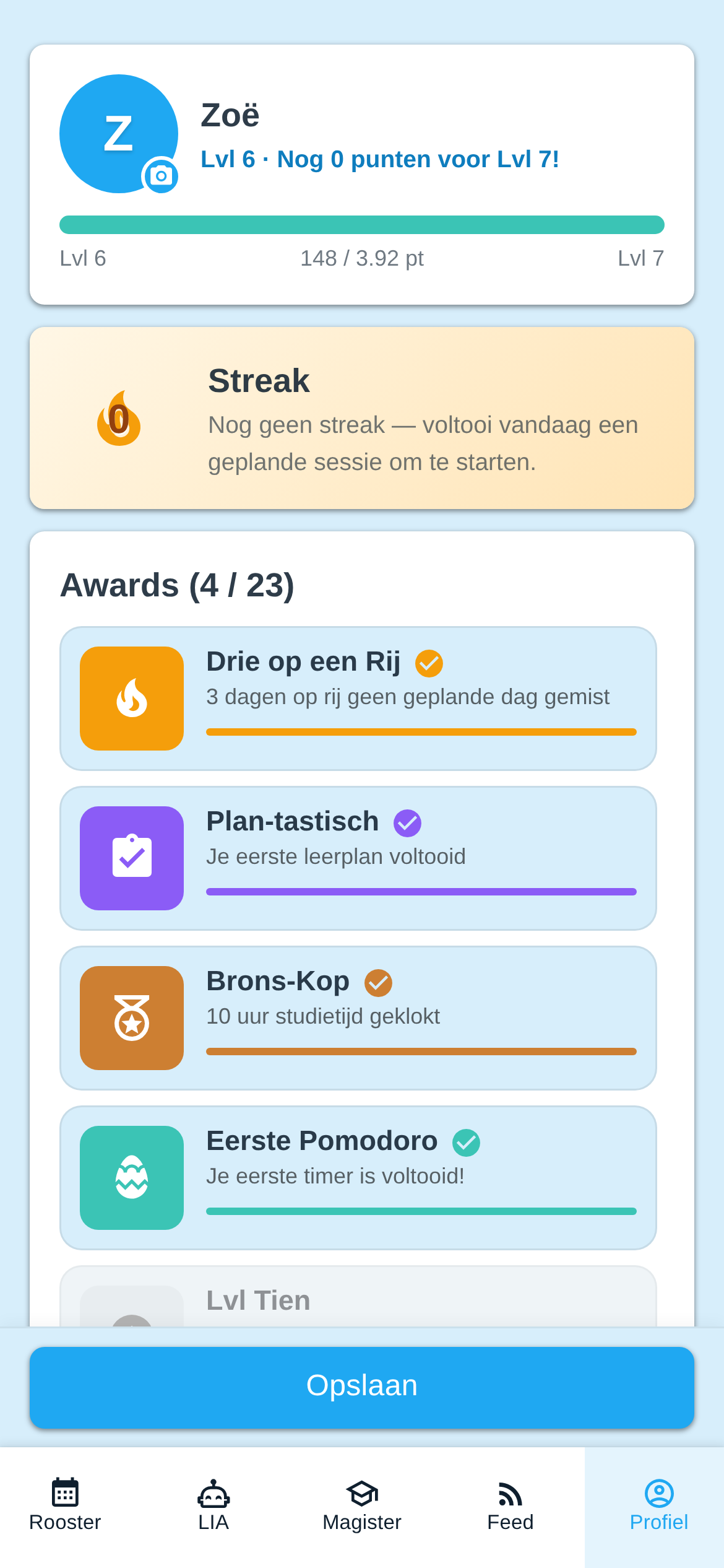 Het profiel in LockIn met level, voortgangsbalk en verdiende badges